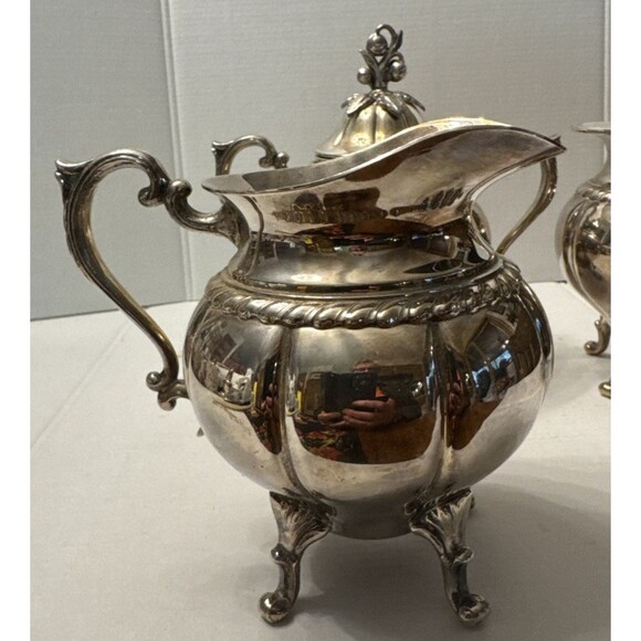 Vintage Sheridan Art Deco Silver on Copper Sugar and Creamer 3 Piece Set Footed - Picture 2 of 12